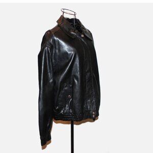 Wild Fable Black Pleather Bomber Jacket Faux Leather Zip Font Size L Snap Cuffs